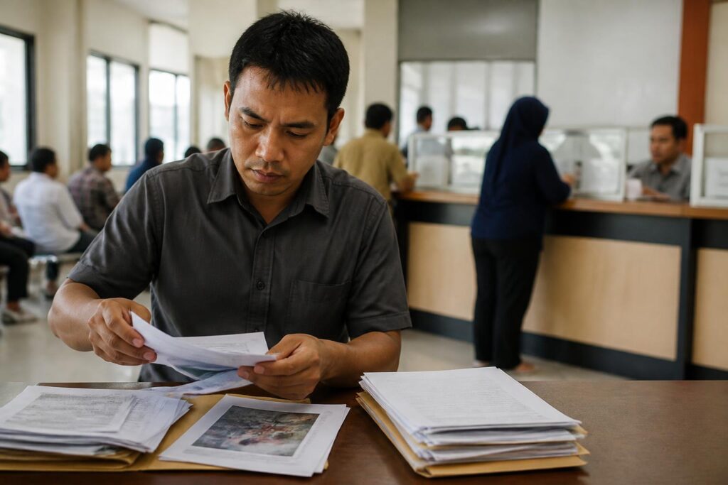 Warga menyiapkan dokumen pengaduan pelayanan publik di meja dengan suasana kantor layanan pemerintah