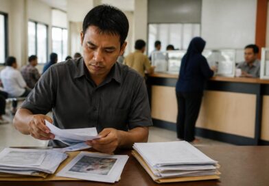 Warga menyiapkan dokumen pengaduan pelayanan publik di meja dengan suasana kantor layanan pemerintah