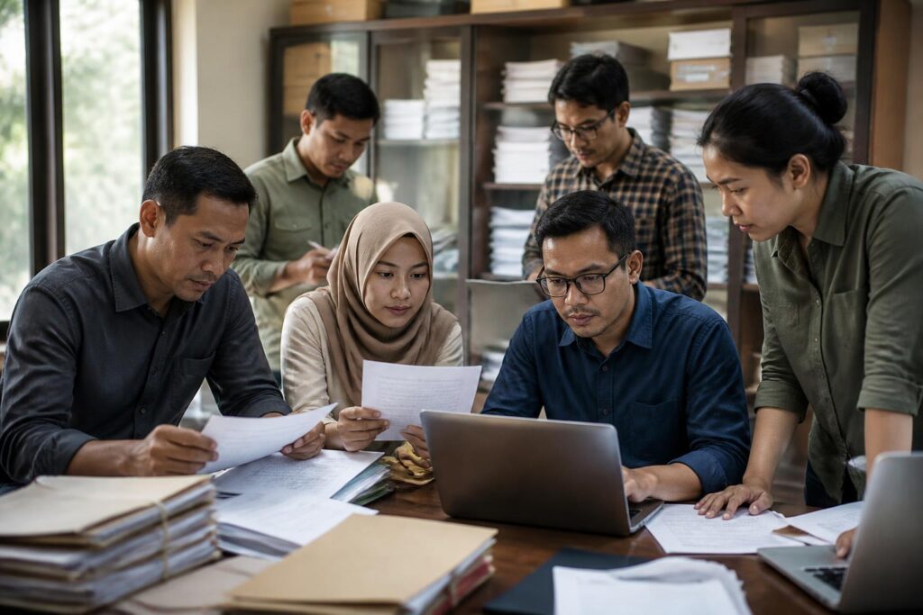 Warga meninjau dokumen pengadaan pemerintah menggunakan laptop dan berkas cetak