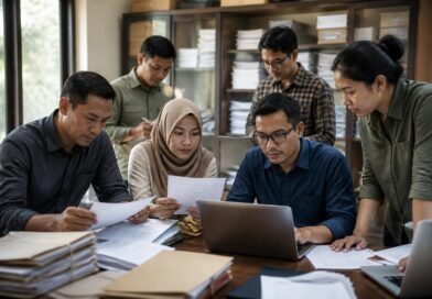 Warga meninjau dokumen pengadaan pemerintah menggunakan laptop dan berkas cetak