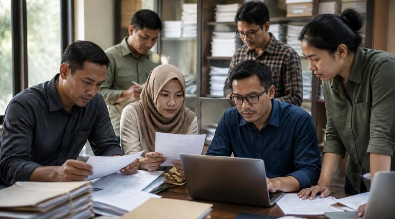 Warga meninjau dokumen pengadaan pemerintah menggunakan laptop dan berkas cetak