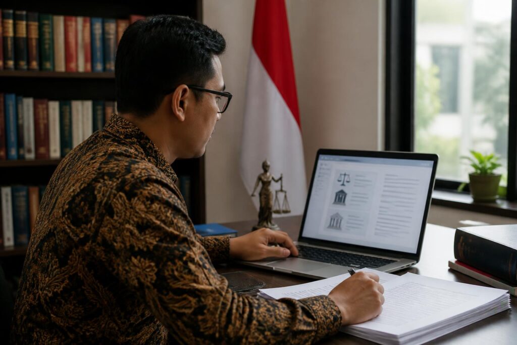 Warga memeriksa dokumen perkara hukum secara online menggunakan laptop dan catatan di meja