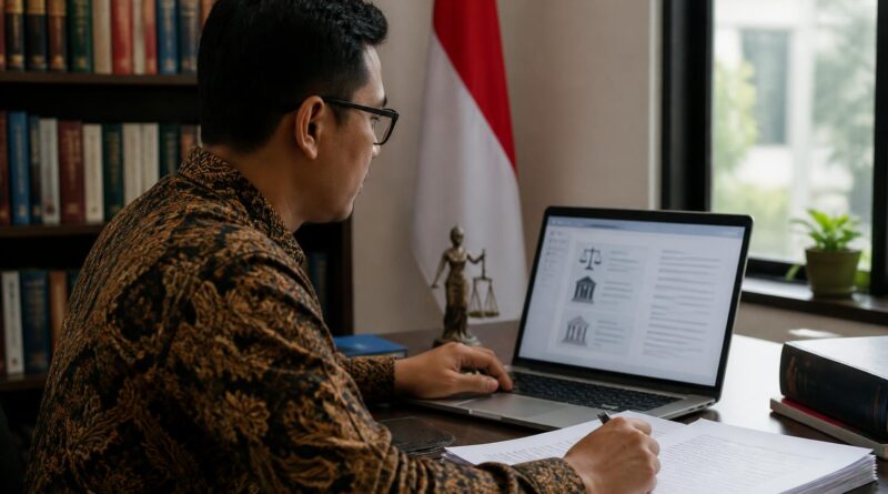 Warga memeriksa dokumen perkara hukum secara online menggunakan laptop dan catatan di meja