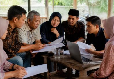 Warga berdiskusi sambil membaca dokumen rancangan undang-undang di depan laptop