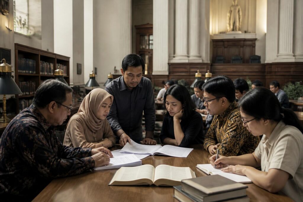 Warga membaca dan mencatat dokumen putusan pengadilan konstitusi dalam suasana ruang publik
