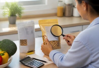 Dua produk makanan kemasan tanpa merek dibandingkan melalui tabel informasi nilai gizi di atas meja