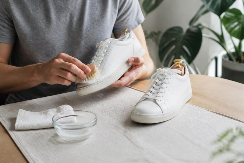 Sneakers dibersihkan dengan sikat lembut dan larutan pembersih ringan di atas meja