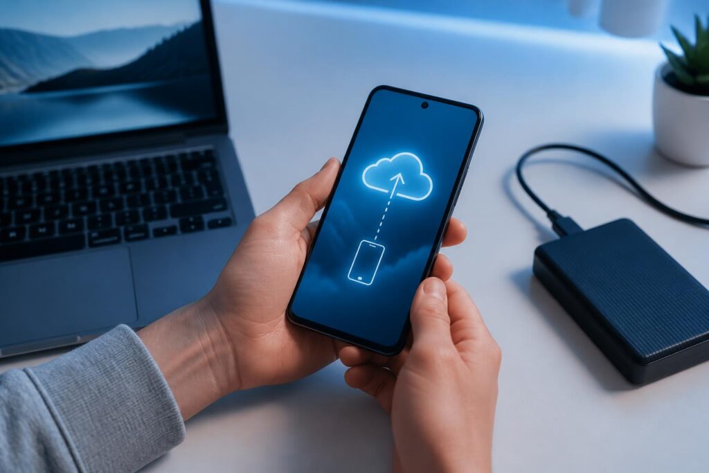 Ponsel Android diletakkan di dekat laptop dan media penyimpanan sebagai gambaran proses pencadangan data sebelum reset