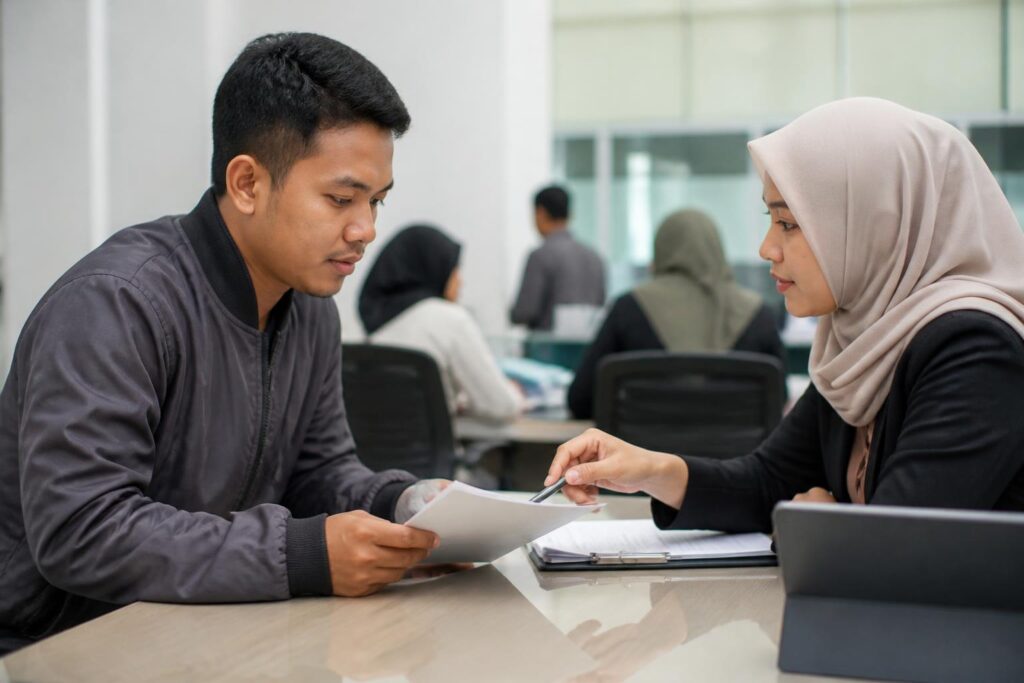 Warga memeriksa data pemilih bersama petugas KPU di meja layanan dengan dokumen kependudukan yang dijaga kerahasiaannya