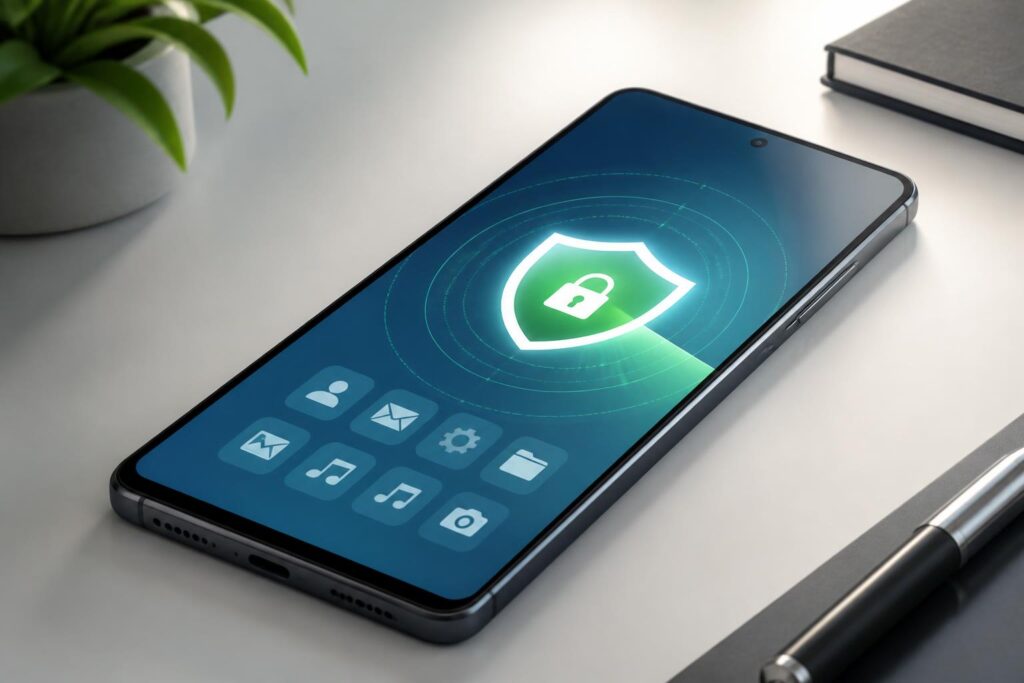 Ponsel Android dengan ilustrasi perisai keamanan dan proses pemindaian aplikasi