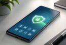 Ponsel Android dengan ilustrasi perisai keamanan dan proses pemindaian aplikasi
