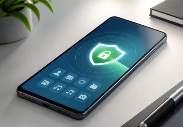 Ponsel Android dengan ilustrasi perisai keamanan dan proses pemindaian aplikasi