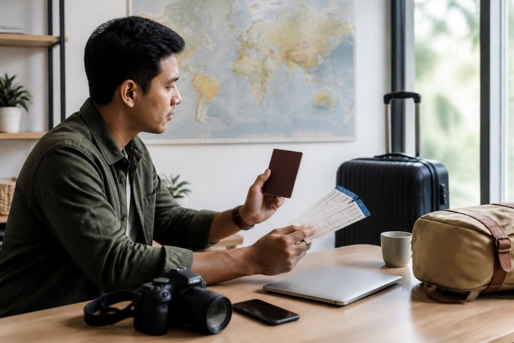 Wisatawan menyiapkan paspor, boarding pass, dan koper di meja sebelum perjalanan internasional