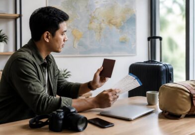 Wisatawan menyiapkan paspor, boarding pass, dan koper di meja sebelum perjalanan internasional