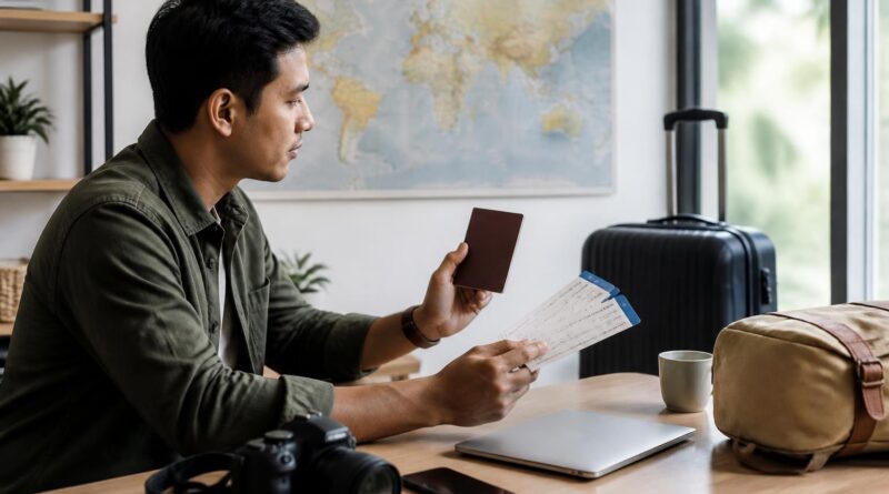 Wisatawan menyiapkan paspor, boarding pass, dan koper di meja sebelum perjalanan internasional