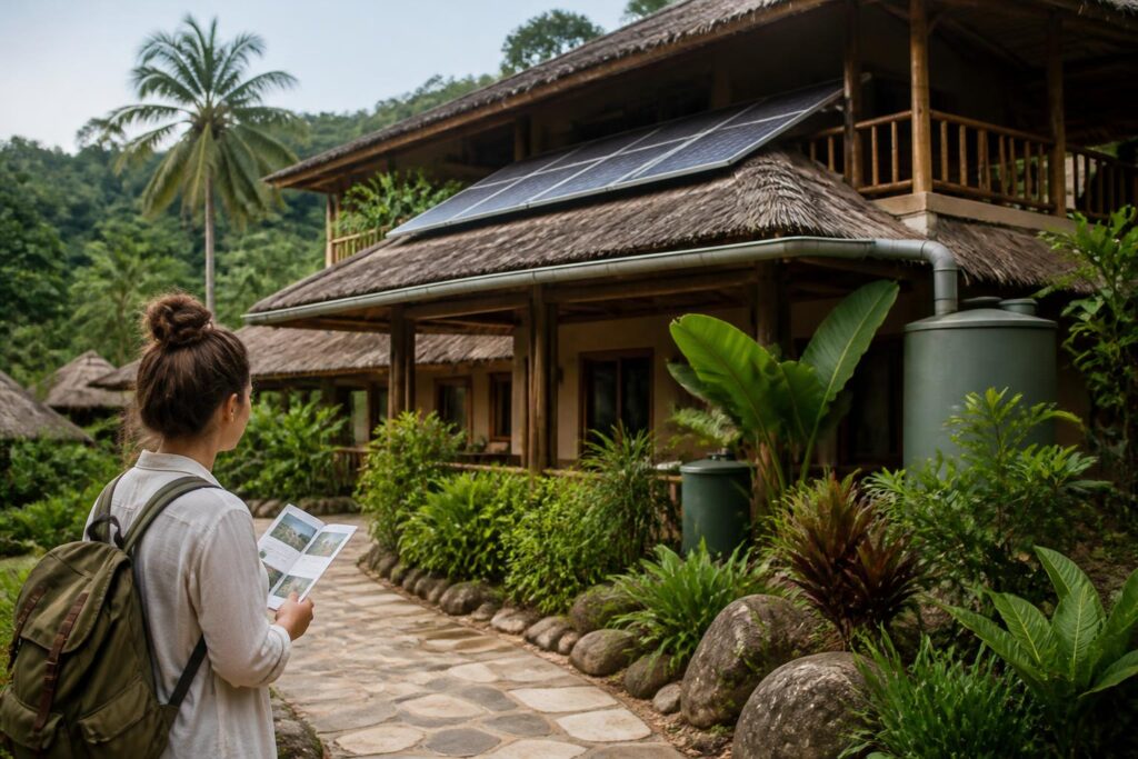 Wisatawan meninjau informasi penginapan berkelanjutan di dekat eco-lodge dengan panel surya dan lingkungan hijau