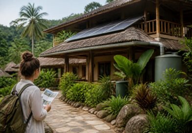 Wisatawan meninjau informasi penginapan berkelanjutan di dekat eco-lodge dengan panel surya dan lingkungan hijau