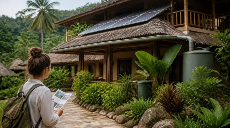 Wisatawan meninjau informasi penginapan berkelanjutan di dekat eco-lodge dengan panel surya dan lingkungan hijau