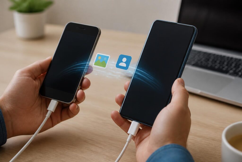 Dua ponsel Android berada di atas meja dengan kabel transfer dan simbol foto serta kontak di sekitarnya