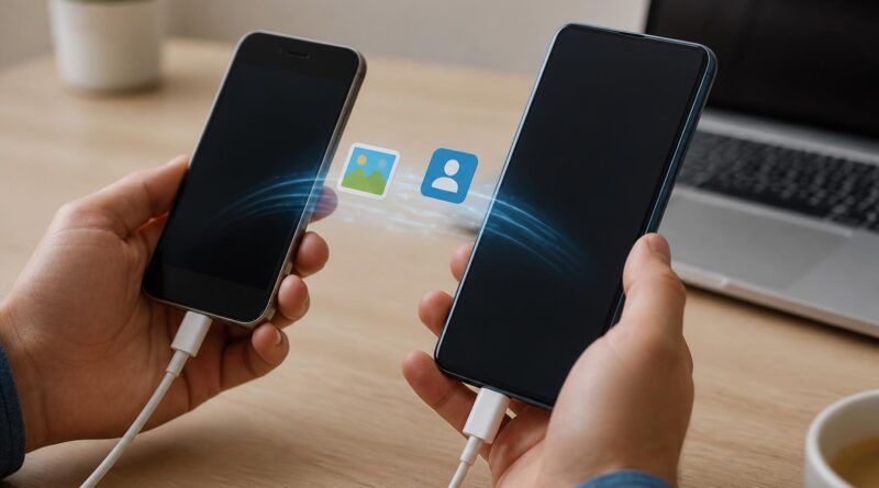 Dua ponsel Android berada di atas meja dengan kabel transfer dan simbol foto serta kontak di sekitarnya