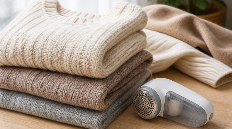 Sweater rajut terlipat dan fabric shaver di samping pakaian dengan sedikit gumpalan serat pada permukaannya