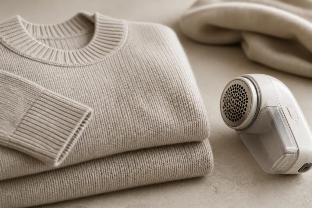 Sweater terlipat dan alat pencukur kain di atas meja untuk perawatan permukaan pakaian