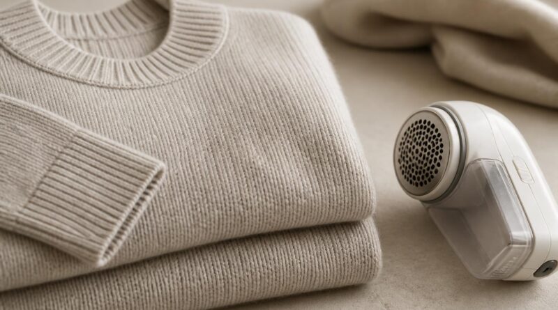 Sweater terlipat dan alat pencukur kain di atas meja untuk perawatan permukaan pakaian