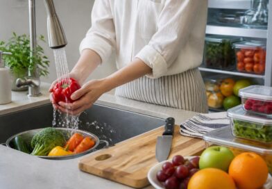 Buah dan sayur dicuci di bawah air mengalir di dapur dengan talenan dan wadah bersih