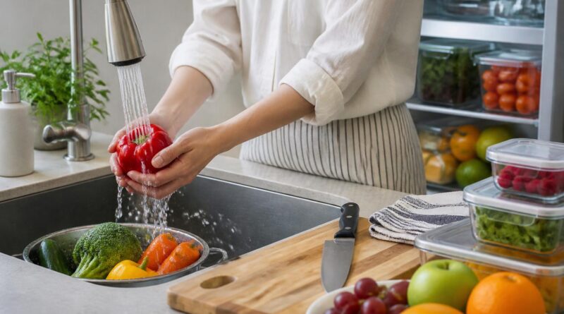 Buah dan sayur dicuci di bawah air mengalir di dapur dengan talenan dan wadah bersih