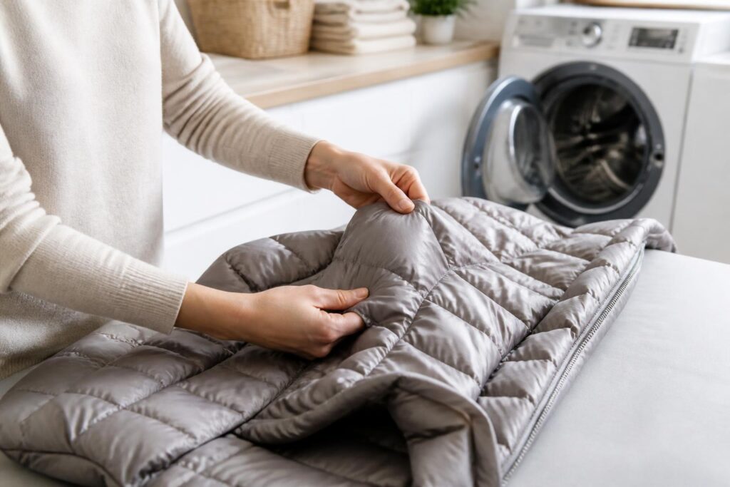 Jaket down sedang dikeringkan dan isinya dipisahkan dengan tangan di area laundry rumah