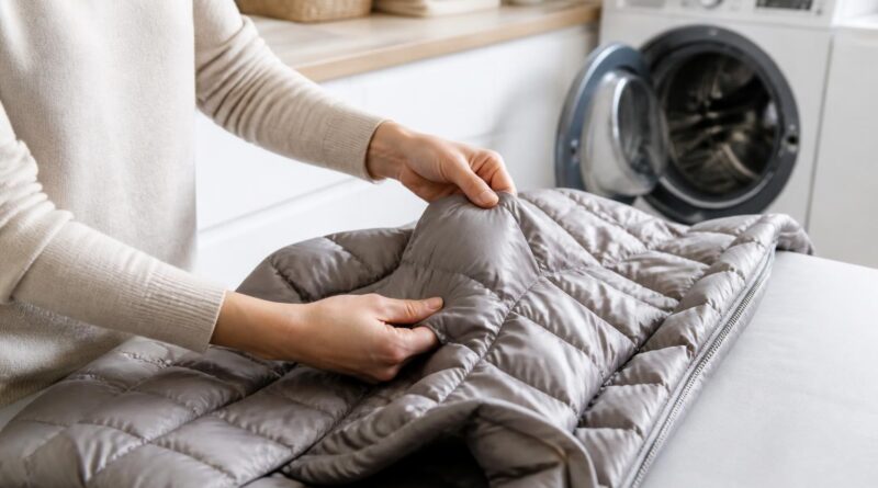 Jaket down sedang dikeringkan dan isinya dipisahkan dengan tangan di area laundry rumah