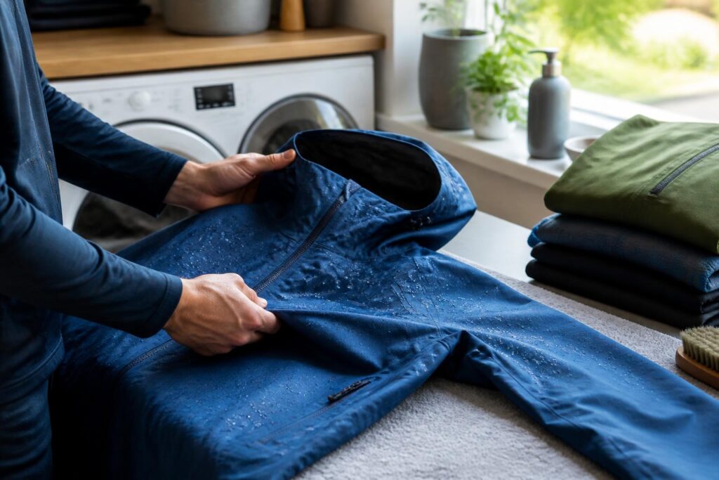 Jaket waterproof dengan butiran air di permukaan berada di area perawatan pakaian