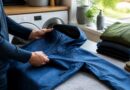 Jaket waterproof dengan butiran air di permukaan berada di area perawatan pakaian