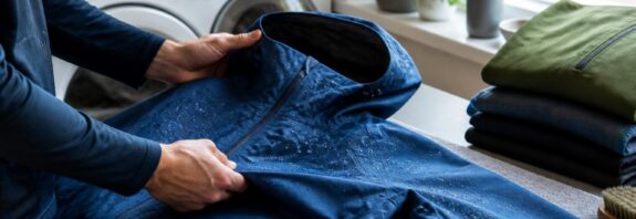 Jaket waterproof dengan butiran air di permukaan berada di area perawatan pakaian