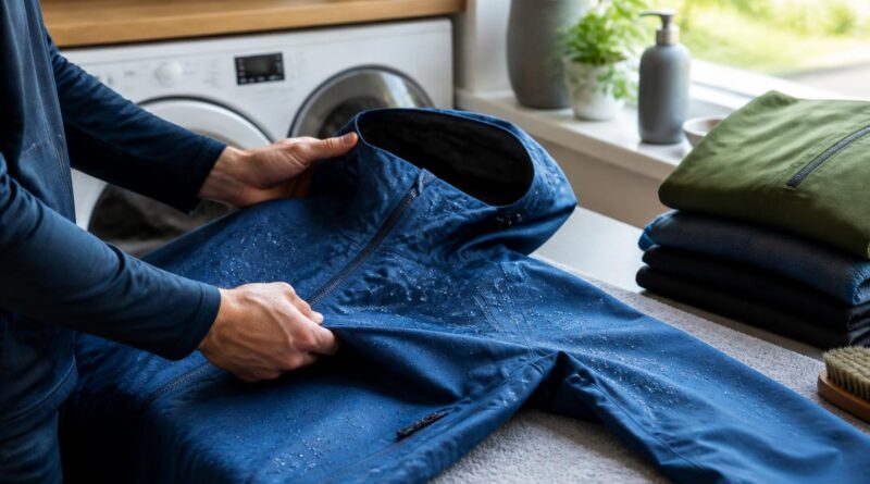 Jaket waterproof dengan butiran air di permukaan berada di area perawatan pakaian
