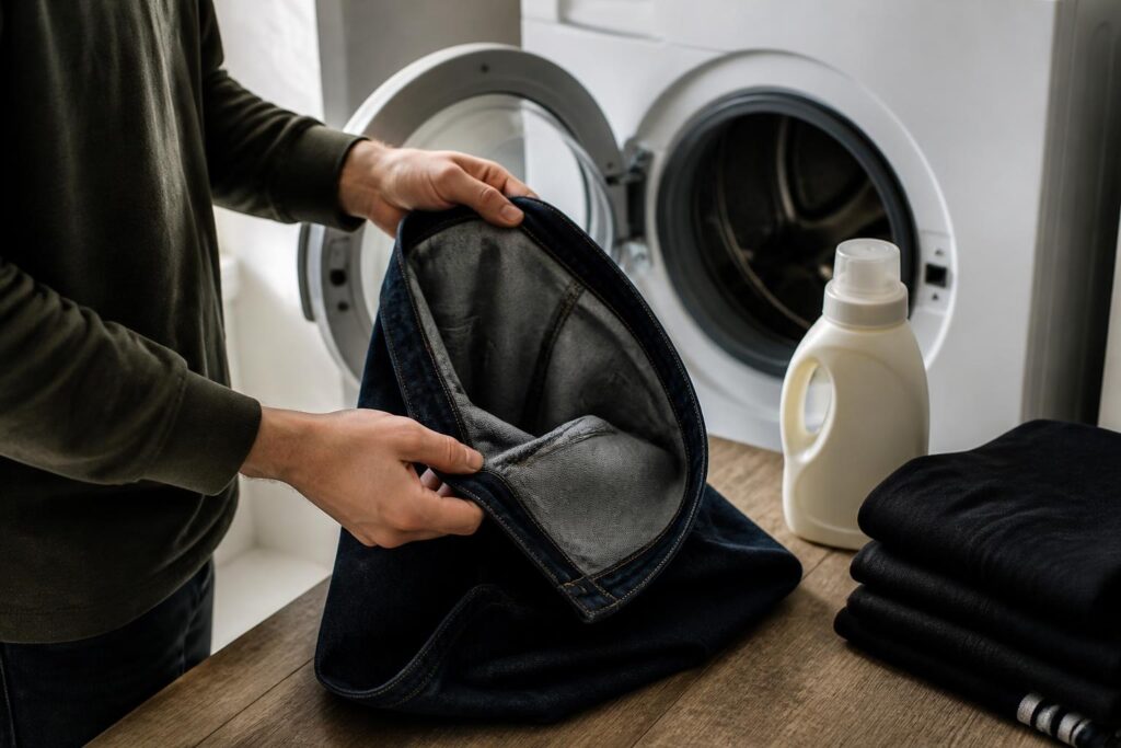 Jeans biru gelap yang dibalik sebelum dicuci dengan deterjen lembut di area laundry rumah