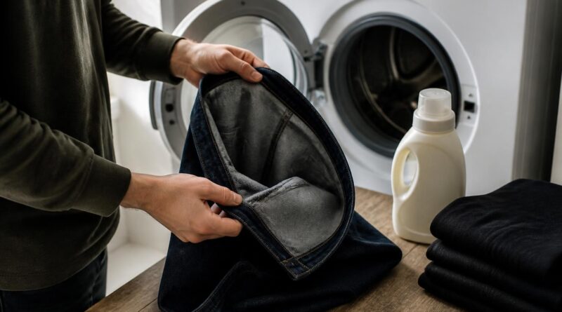 Jeans biru gelap yang dibalik sebelum dicuci dengan deterjen lembut di area laundry rumah