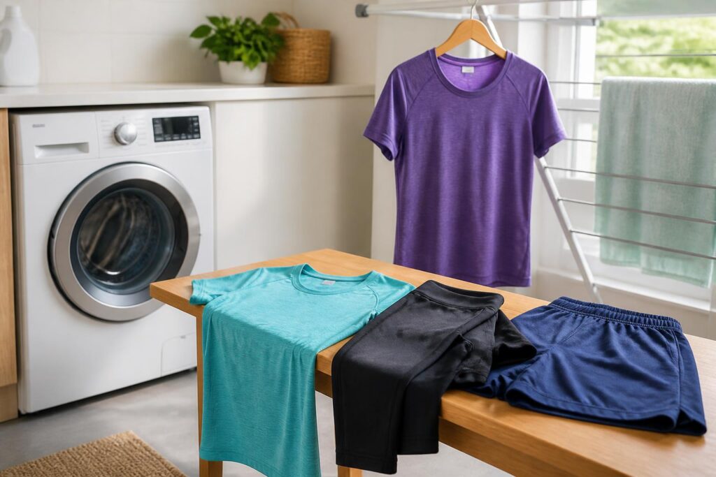 Pakaian olahraga bersih dijemur di ruang laundry setelah dicuci