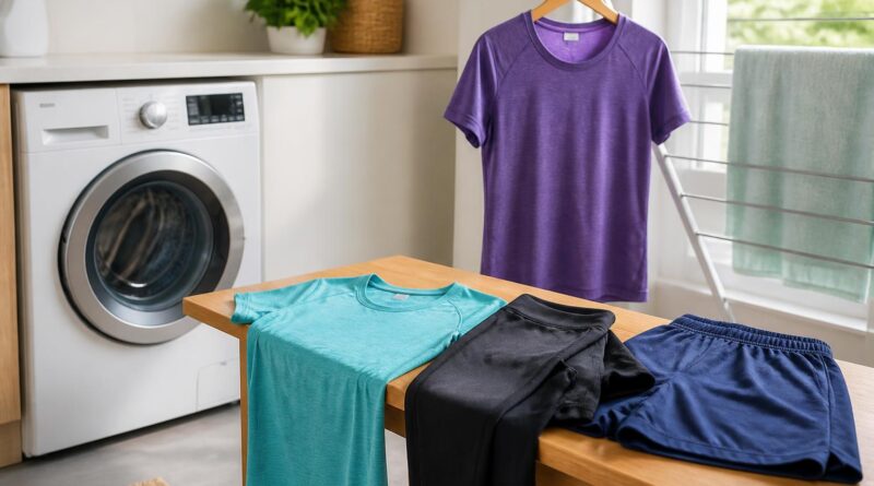 Pakaian olahraga bersih dijemur di ruang laundry setelah dicuci