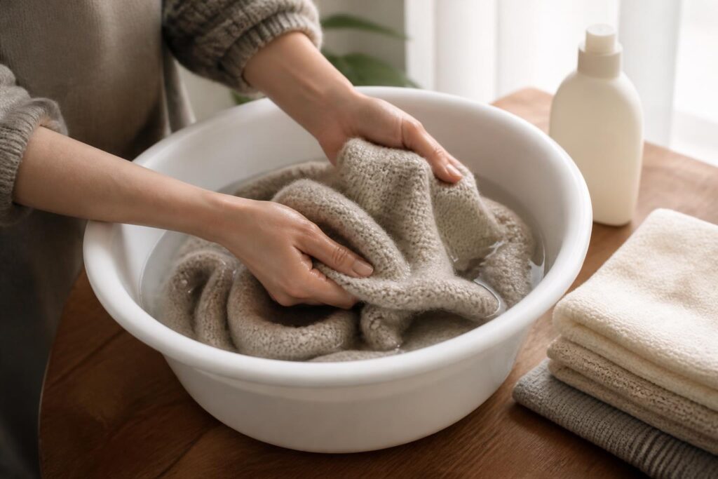 Sweater wol dicuci dengan tangan menggunakan air suam-suam kuku di dalam wadah bersih