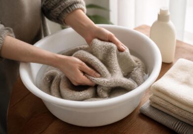 Sweater wol dicuci dengan tangan menggunakan air suam-suam kuku di dalam wadah bersih