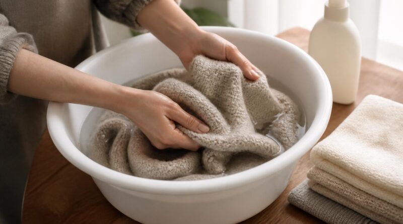 Sweater wol dicuci dengan tangan menggunakan air suam-suam kuku di dalam wadah bersih