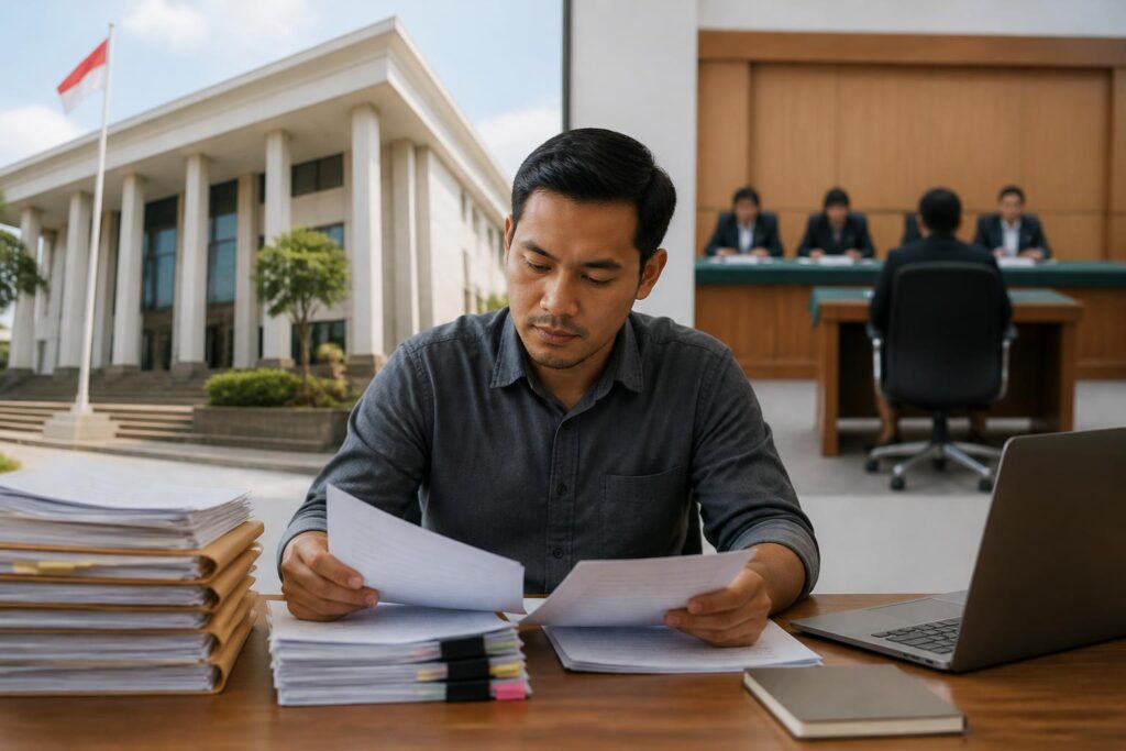 Warga menyiapkan dokumen permintaan informasi publik untuk proses sengketa di Komisi Informasi