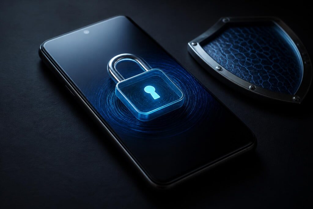 Ponsel Android berada di permukaan gelap dengan simbol gembok yang menggambarkan perlindungan data dari pencurian