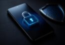 Ponsel Android berada di permukaan gelap dengan simbol gembok yang menggambarkan perlindungan data dari pencurian