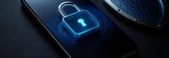 Ponsel Android berada di permukaan gelap dengan simbol gembok yang menggambarkan perlindungan data dari pencurian