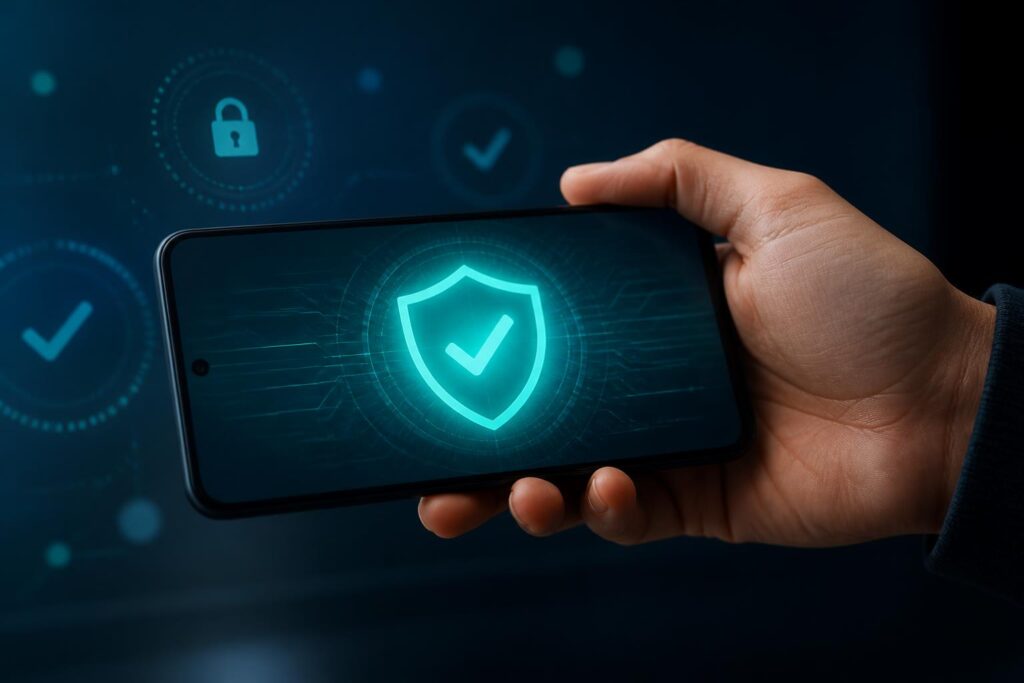 Ponsel Android dengan simbol perisai yang menggambarkan pemeriksaan dan perlindungan akun digital
