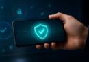 Ponsel Android dengan simbol perisai yang menggambarkan pemeriksaan dan perlindungan akun digital