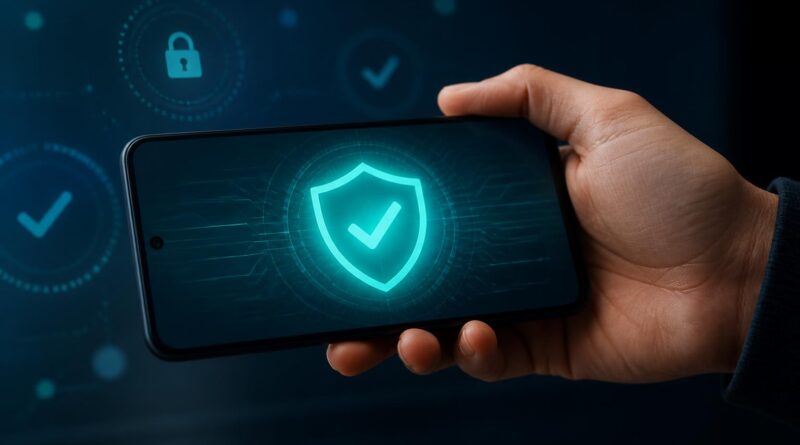 Ponsel Android dengan simbol perisai yang menggambarkan pemeriksaan dan perlindungan akun digital