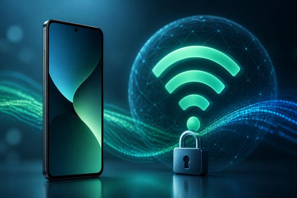 Ponsel Android dengan simbol jaringan nirkabel dan aliran data terenkripsi yang menggambarkan DNS pribadi